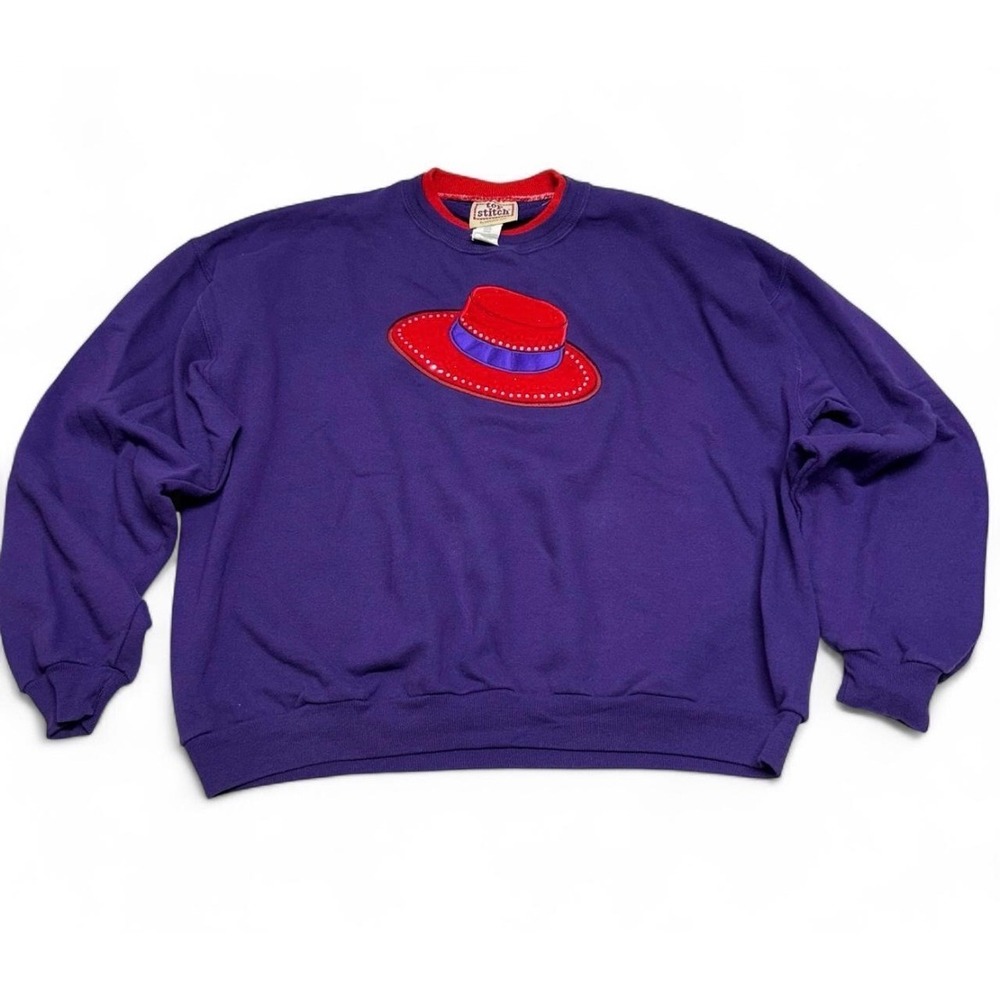 Vintage Top Stitch Morning Sun Red Hat Society Rhinestone Purple Sweatshirt L